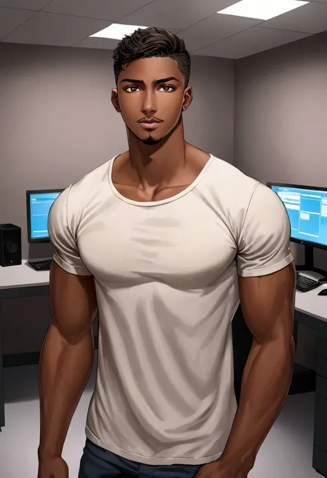 young man, 22 years old, tall, dark-skinned, with short hair, a little muscular, wearing a shirt, with a thin beard, computer room in the background