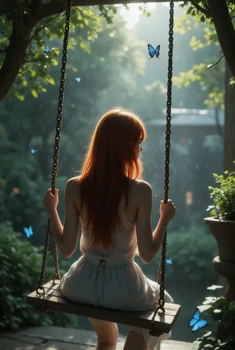 A very beautiful redhead girl, sitting on a swing in the rain, in a huge patio with trees and blue butterflies around the girl who doesn&#39;t look animated and looks realistic, but the face cannot be seen, that is from behind, and the butterflies look rea...