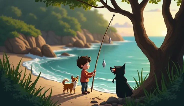 There is a small boy standing on the seashore, and a small dog standing near him. The boy is holding a stick to fish out of the sea, and behind them is a witch who is stealing their fish.