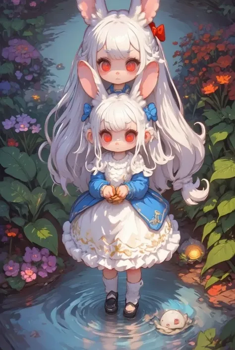 ( best quality, very detailed depiction, incredible high resolution),Rural Scenery, 1 girl,(Chibi,cute, smaller,Blue Hair, very long hair,bangs,( Fluffy White Rabbit),Bunny ears,Red eyes,Big Eyes, Beautiful Sparkling Eyes , white skin,Big hair ribbon,Blue ...