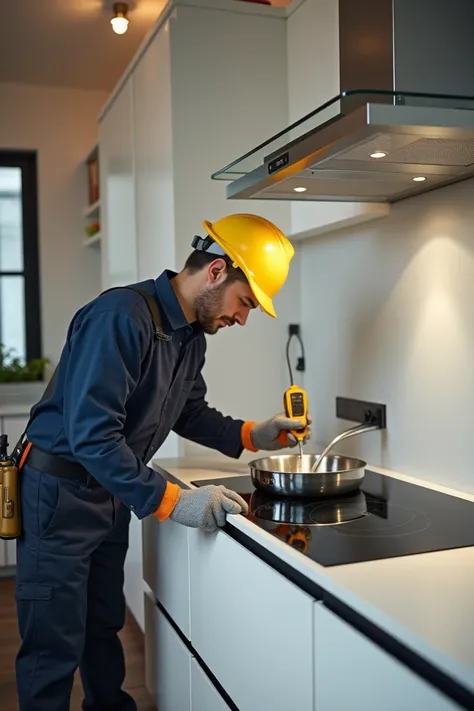 
"An electrical technician connecting a modern induction cooker. The technician wears work uniform , Safety helmet and gloves,  will be installed while using tools such as screwdrivers and voltage testers .  The electrical outlet is located on the wall ,  ...