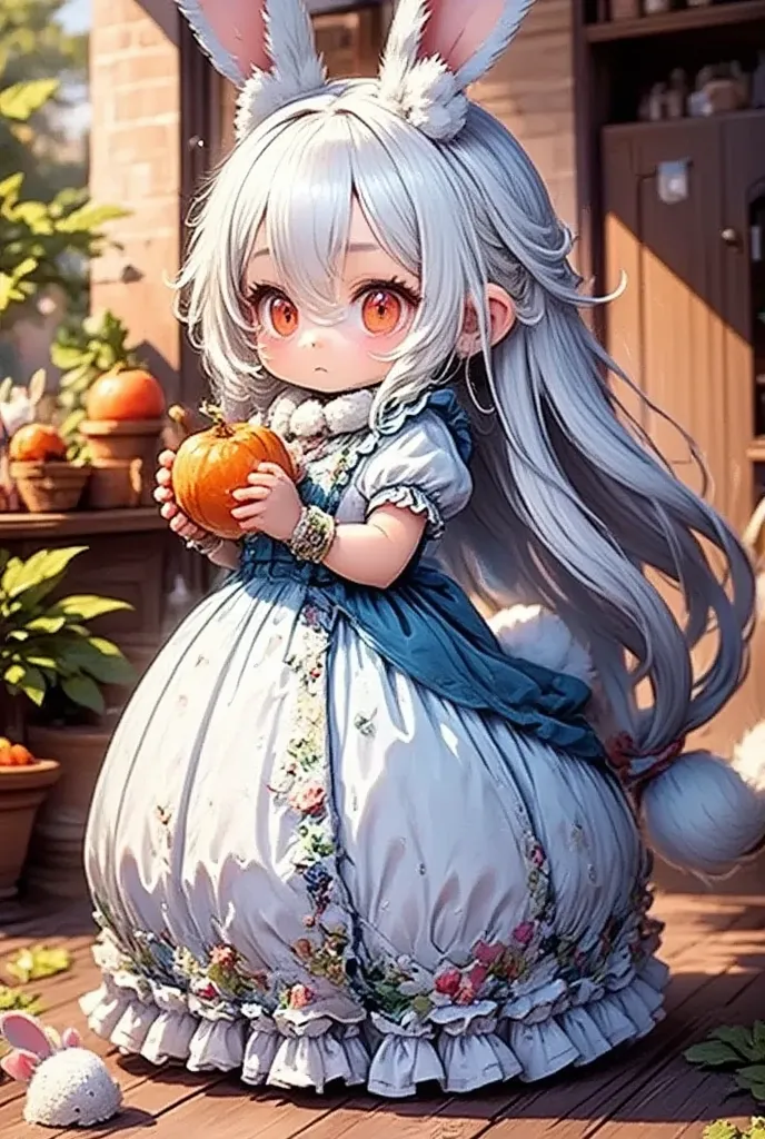 ( best quality, very detailed depiction, incredible high resolution),Rural Scenery, 1 girl,(Chibi,cute, smaller,Blue Hair, very long hair,bangs,( Fluffy White Rabbit),Bunny ears,Red eyes,Big Eyes, Beautiful Sparkling Eyes , white skin,Big hair ribbon,Blue Princess Dress,wired skirt,Chest, full body image ),Fairy tale background,Smiling Face,High quality anime drawings,Harvesting sexy radishes