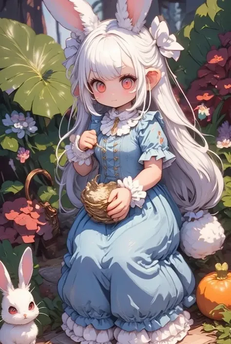 ( best quality, very detailed depiction, incredible high resolution),Rural Scenery, 1 girl,(Chibi,cute, smaller,Blue Hair, very long hair,bangs,( Fluffy White Rabbit),Bunny ears,Red eyes,Big Eyes, Beautiful Sparkling Eyes , white skin,Big hair ribbon,Blue ...