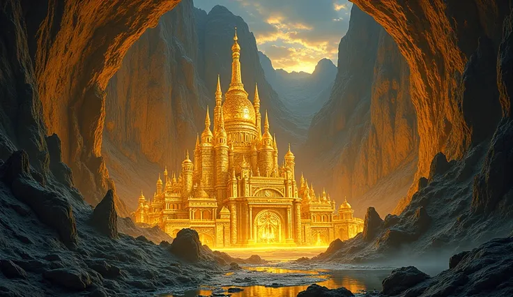 Fantasy comic book style，A hot underground golden city，The abyss is 20 km in diameter，12 kilometers underground in the abyss，Have a beauty that is not out of this world, Beyond common sense, And curses, But there is no sun in the sky