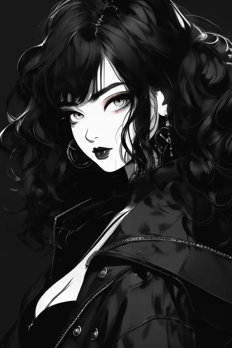 (best quality, sketch:1.2), epic realistic,illustrator,anime,1 girl, detailed lips,custom, (background dark monochrome),textured cropping, hdr, details, masterpiece, style retro classic, noir dark, art, (kare cascade hair (black:1.75) [neon:1.32]), (dark m...