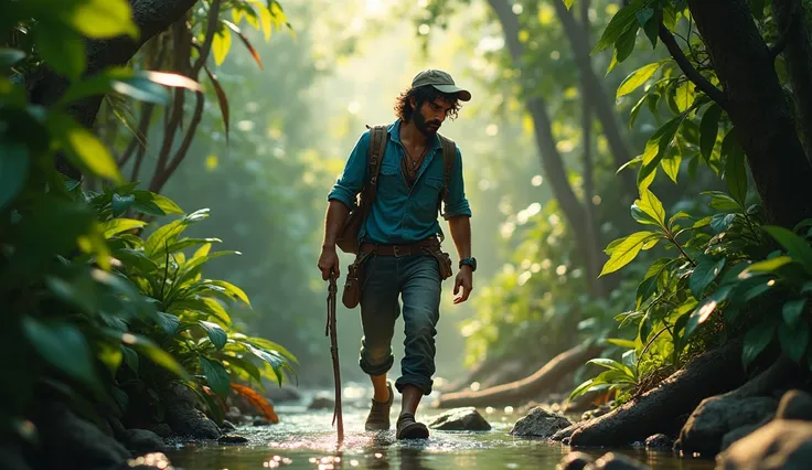 graphs
Messy Black Hair ，Stubble，Deep eyes， bronzed skin，Sturdy body ， worn blue shirt，worn jeans ，Sailing boots， waterproof watch ， Faded Baseball Cap Camera Angle and Position： above the protagonists shoulder ， the action environment ： small island jungl...