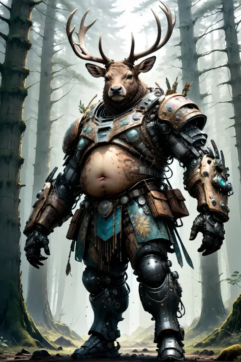 photorealistic portrait of Dressed animals - a ((fat)) stag warrior,(brave pose), high quality,(art by Carne Griffiths ) ,intricate detailed giant mechanical arms, highly detailed ((mechanical armor) ,,highly detailed armor, forest background , (brave), na...