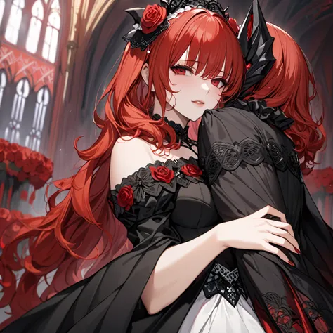 The beautiful woman who became a family member of an alien demon is a red-haired celica, wears a devils black wedding dress, hugs an evil and atypical devil at the devils altar, kisses her vow, and is loved while having a devils wedding and becomes the dev...