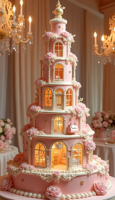 "An extravagant wedding scene with a multi-tiered, luxurious wedding cake as the centerpiece. The cake is adorned with intricate pastel decorations, shimmering gold accents, and delicate floral designs. At the very top of the towering cake sits a miniature...