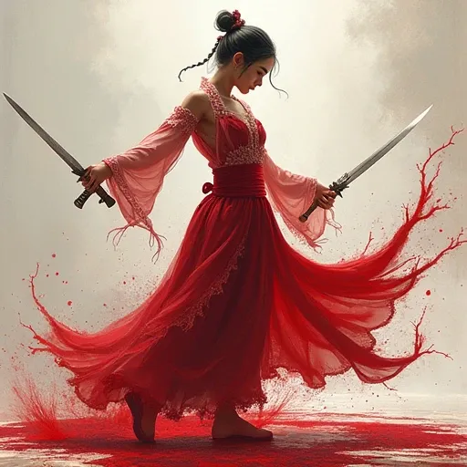 1 girl,  Emphasize the lines of motion with trickles and splashes of blood,  better quality,  Realistic anatomy , masterpiece, with scimitars , dances,  фонтанирующие брызги крови подчеркивающие движения танца.
