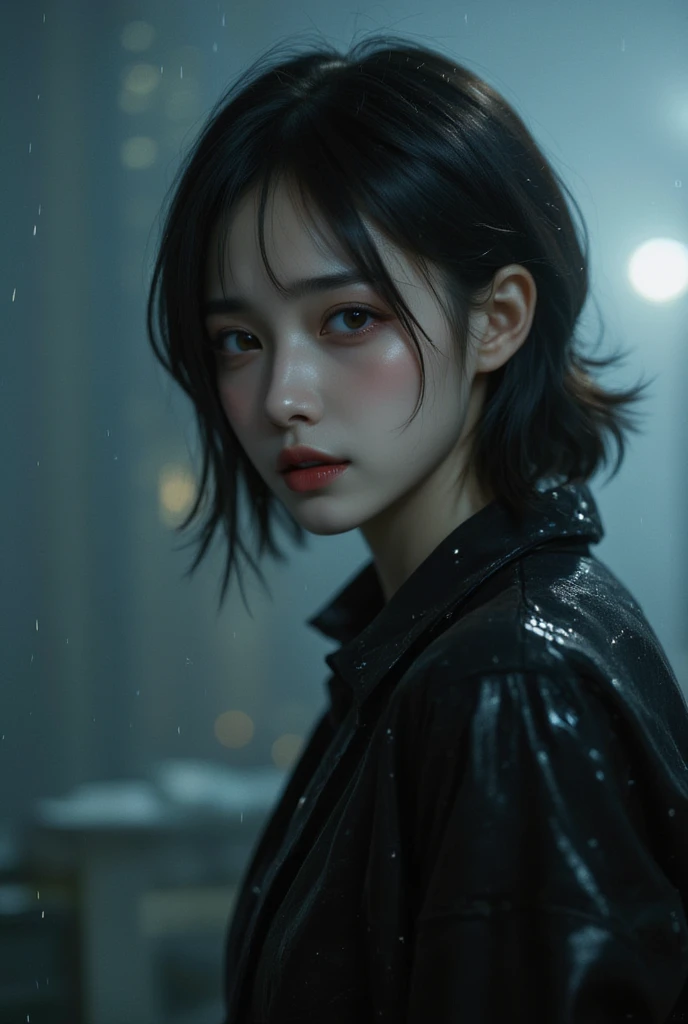 18 year old beautiful girl with monster, pearl-like eyes, extremely detailed face, heavy rain, crazy body movements, exaggerated perspective, poster, androgynous, fashion, dramatic lighting, loud sound, distorted style, 32k ultra-high resolution, Chinese g...