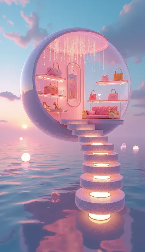 "A whimsical and surreal boutique set in a giant floating bubble high above a dreamlike ocean. The bubble is transparent with an iridescent sheen, allowing glimpses of the boutiques interior. Inside, the store is designed with luxurious Miu Miu-inspired de...