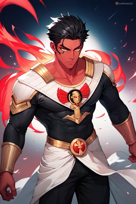 man, red skin, black hair, orange eyes, white Egyptian clothes,Anime style, menacing, red aura, exuding red power, villain ,Wide black pants, black blouse,High quality,4k,Black armor with red details 