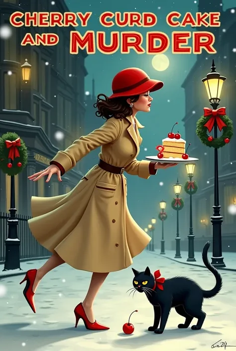 A 1920s caricature-style book cover featuring a funny, clumsy female detective in a chic, oversized trench coat and a red cloche hat. She’s mid-stumble on an icy London street, her heels slipping as she juggles a precariously stacked plate of cherry curd c...