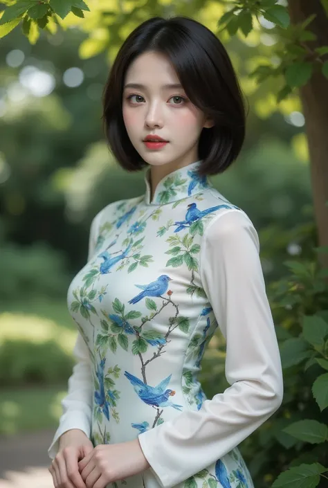 (akusema and blue and green birds printed china dress),(white long sleeves),1 girl,upper body, high heels,(short hair:1.1), (realistic:1.7),((best quality)),absurdres,(ultra high res),(photorealistic:1.6),photorealistic,octane render,(hyperrealistic:1.2), ...