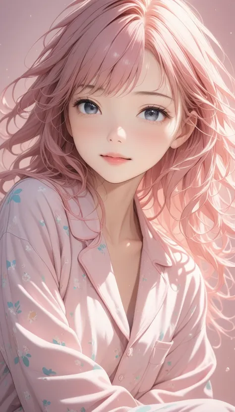 18-year-old girl,  showing, just woken up, messy hair, pink hair, pajamas, simple background, slightly sleepy eyes, gentle smile, (masterpiece), (highest quality), (super detailed), very sophisticated, illustration, perfect composition, moist skin,