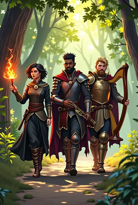 A trio of adventurers is walking down a path in the woods, It is day time, the first is a female mage holding a wand in the air, the wand is pulzating with magical fire energy, she has black short hair, she is in black clothes with golden trim. The second ...