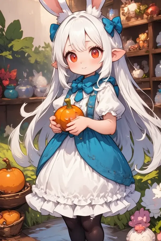 ( best quality, very detailed depiction, incredible high resolution),Rural Scenery, 1 girl,(Chibi,cute, smaller,Blue Hair, very long hair,bangs,( Fluffy White Rabbit),Bunny ears,Red eyes,Big Eyes, Beautiful Sparkling Eyes , white skin,Big hair ribbon,Blue Princess Dress,wired skirt,Chest, full body image ),Fairy tale background,Smiling Face,High quality anime drawings,Harvesting sexy radishes