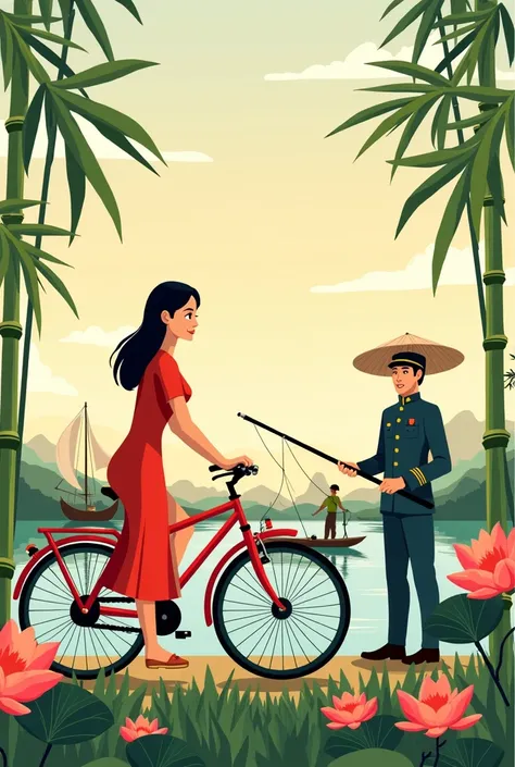 Create a collage illustration with a youthful art style, detail, and bright colors, similar to the picture provided. Images include: a girl wearing a Vietnamese ao dai riding a bicycle, a Vietnamese navy soldier standing straight and confident, a Vietnames...