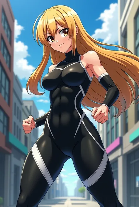 My Hero Academia Style , Anime girl, female, young female ,Full Body Shot,(fighting stance:1.3),Long hair, Yellow Hair,  Brown Eyes,Hero Suit, Full Body Suit, Black suit with white details, perfect anatomy,  Toughened Abs,super detailed,(Buildings:1.2）