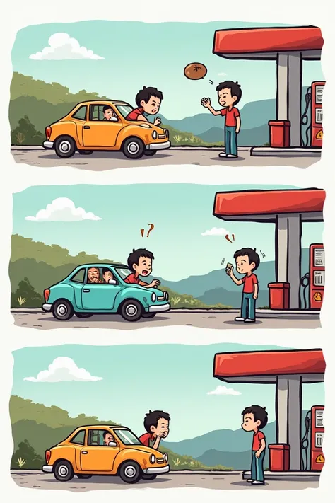  Create a simple three-act comic that focuses on gas shortages but with humor, with a type of simple linear funny comic illustration ,  where it shows that gas stations now give you coffee instead of gas for your car  