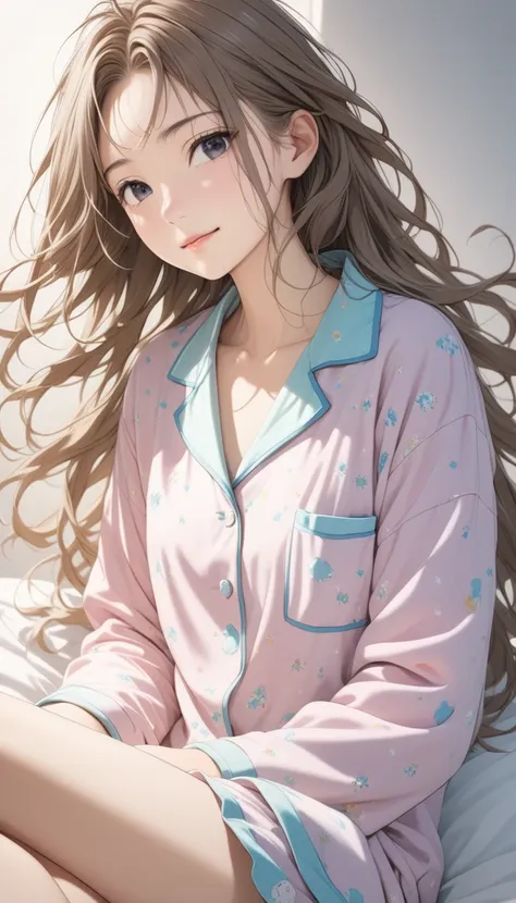 18-year-old girl,  showing, just woken up, messy hair, pajamas, simple background, slightly sleepy eyes, gentle smile, (masterpiece), (highest quality), (super detailed), very sophisticated, illustration,