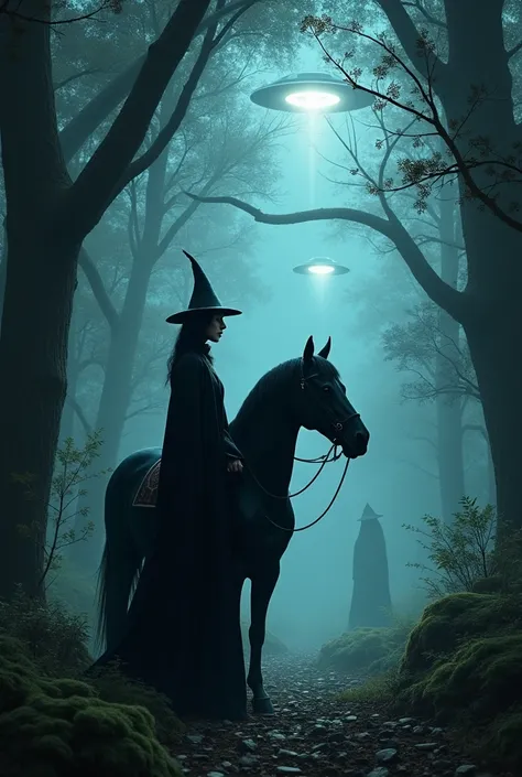  A beautiful witch in the middle of the night in a forest with UFOs , next to her black horse that protects her  