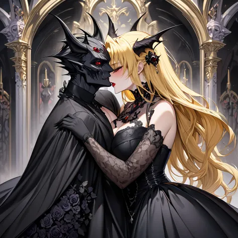  The beautiful woman who became a devils family member and became a devil is a blonde Fate Testarossa, wears a devils black wedding dress, hugs the evil and heteromorphic fly demon Beelzebub at the devils altar, and has an oath kiss and is loved while havi...