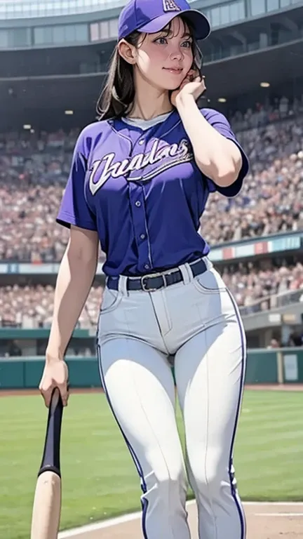  A very beautiful woman wearing a purple baseball uniform,Hitting at Tokyo Dome Stadium 、 Standing at bat and holding a bat 