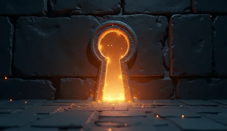 A glowing keyhole in a dark stone wall, with light spilling out, symbolizing hidden opportunities.