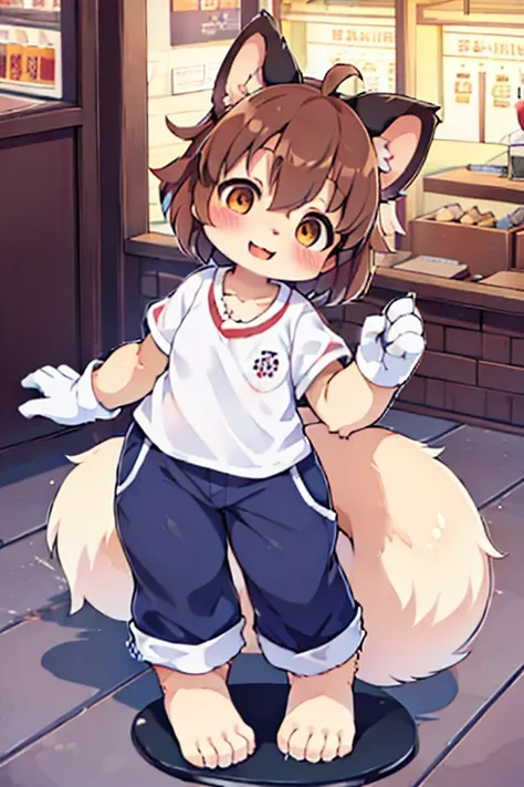 girl, tanuki, furry, bodyfur, tail, school uniform, short sleeves, jersey pants, long pants, white gloves, barefoot, chibi, sparkling eyes, happy, full body, looking below, shopping mall