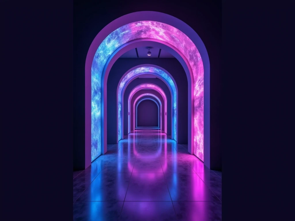    a museum that has to do with electrical installations and visual arts ,  I want it to be extravagant and elegant with the colors dark purple and electric blue .It is to set the background for some tickets   