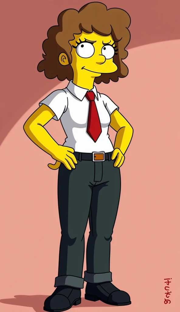 image with traces of the fortnite game, a cartoon of s woman, short hair, curly hair, light brown hair, white shirt, red tie, black pants, black shoes, eyelashes, hands on hips, smiling, simpsons, the simpsons, original simpsons cartoon style, style simpso...