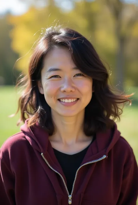 I am Japanese.
I am a 40-year-old woman.
My hair is shoulder-length with natural waves.
My first impression is a gentle smile.
I have slightly droopy eyes.
I am wearing a deep maroon (or burgundy) hoodie.
The background is set in nature on a sunny day.