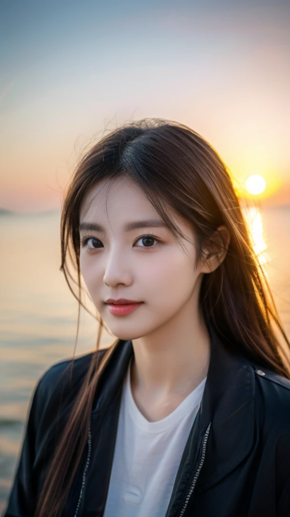  super quality、 ultra high resolution、8k、 comet 、The most beautiful woman in the world、（ brown long hair:1.5）、Small face、Thin, thin eyebrows 、evening、Sunset、You can see the ocean、 reality stick、（ black jacket :1.5）、 Sexy Expression 、 Sexy Poses 、