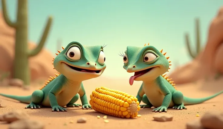 The two lizards look at the corn cob with wide, excited eyes, both thinking of it as their meal. Their expressions are comical, with one lizard raising its eyebrow and the other licking its lips. The desert background remains the same, adding to the humor....