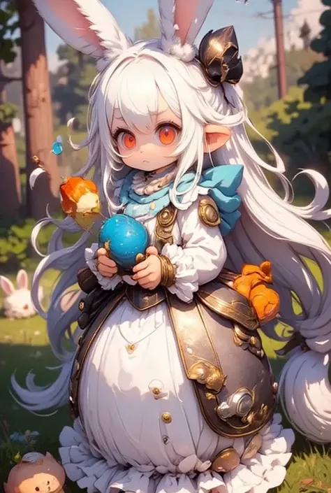 ( best quality, very detailed depiction, incredible high resolution),Rural Scenery:2.0, 1 girl,(Chibi,cute, smaller,Blue Hair, very long hair,bangs,( Fluffy White Rabbit),Bunny ears,Red eyes,Big Eyes, Beautiful Sparkling Eyes , white skin,Big hair ribbon,B...