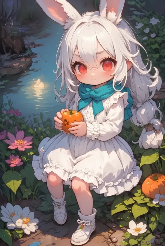 ( best quality, very detailed depiction, incredible high resolution),Rural Scenery:2.0, 1 girl,(Chibi,cute, smaller,Blue Hair, very long hair,bangs,( Fluffy White Rabbit),Bunny ears,Red eyes,Big Eyes, Beautiful Sparkling Eyes , white skin,Big hair ribbon,B...