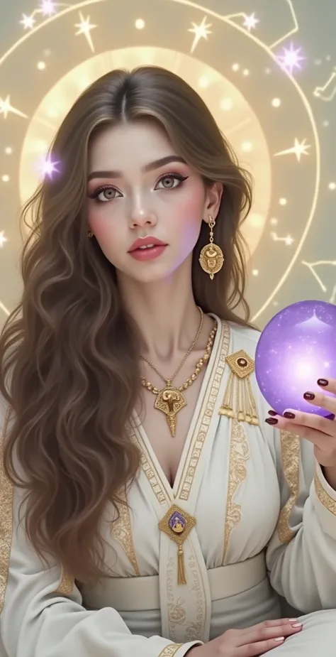 n portrait mystique d’une femme assise dans un cadre spirituel. Elle tient une carte de tarot dans une main et une boule de cristal lumineuse dans l’autre, entourée d’une aura dorée. Ses yeux dégagent une intensité prophétique, comme si elle lisait l’aveni...