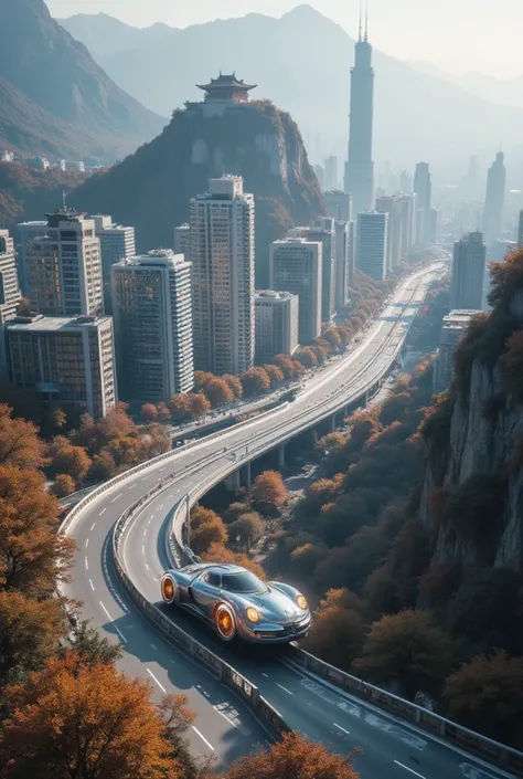 In autumn,a highway across the city leads to the top of the mountain. The city is full of tall buildings. A high-tech suspension car flies over the highway. There are drones taking photos over the city. On the top of the mountain is an ancient Chinese arch...