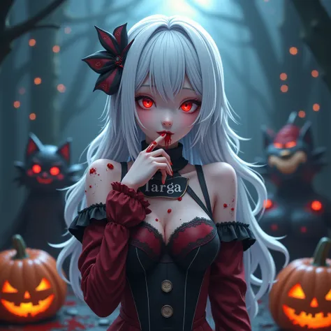 A 3d anime women, white hair, licking her hand with a blood, had a scary costume, cool background, had a cat with a costume, have a jack o lantern, with a name on her costume "Targa" with a big font