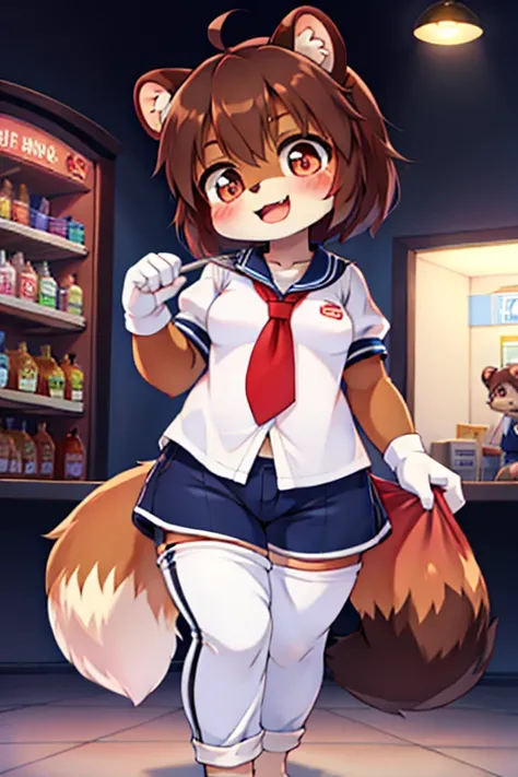 girl, tanuki, furry, bodyfur, tail, school uniform, short sleeves, jersey pants, long pants, white gloves, barefoot, chibi, sparkling eyes, happy, full body, looking below, shopping mall