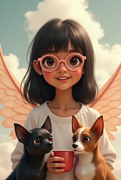 A  dark-skinned girl with black hair and no bangs ,  with straight hair . wearing rose-colored glasses and smiling ,  with wings and two small Pincher dogs, one black with coffee and the other brown. 
