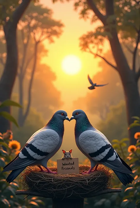 Male and female pigeon discussing, heads together.
2. Pigeons looking out at forest, contemplating.
3. Nest with " Wanted: Friends" sign, humorous.
4. Pigeons standing on branch, united, determined.
5. Forest landscape with diverse animals (squirrels, rabb...