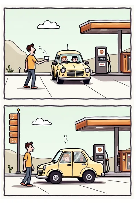 Create a simple two-act comic that focuses on gasoline shortages but with humor, with a type of simple linear funny comic illustration ,  where it shows that gas stations now give you coffee instead of gas for your car  