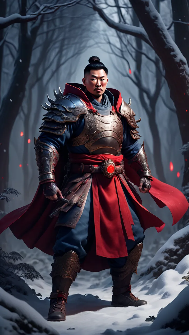 weiwu mighty chinese man ， dressed in gorgeous hanoveralls and armor ,  greedy heavy arms and red cloak ,  behind a glowing red ...