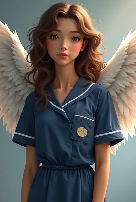  Brown-haired nurse, curly, navy blue outfit  , with wings and caramel-colored skin  