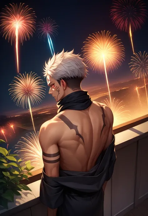 score_9, score_8_above, score_7_above, source_anime, from behind, Alone, masculine focus, 1 boy, ryomen sukuna, facial tattoo,  tattoo on the arm, extra eyes, Toned, inexpressive ,  looking back, black kimono, off shoulder,  black scarf , bare shoulders,  ...