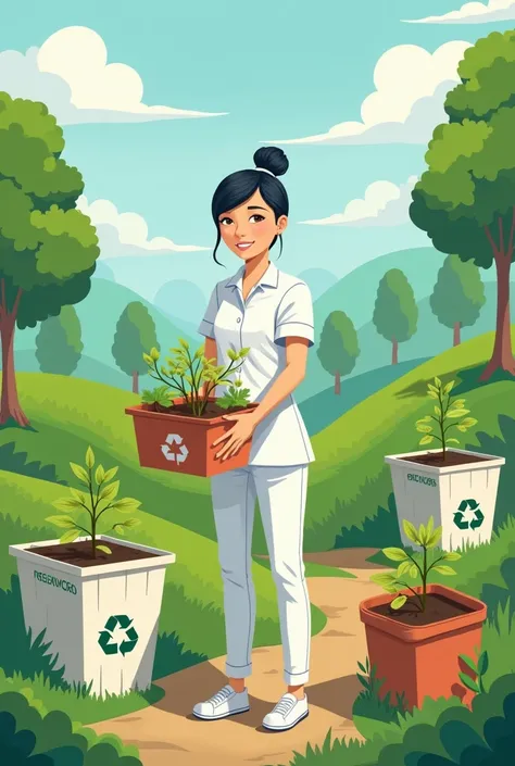 Make a short girl wearing nursing uniform, bun hair, doing cleaning the reduce, reuse, recycle and planting trees protect community from the ill effects of climate change to ensure safe, clean and friendly environment. make it like a poster drawing landsca...