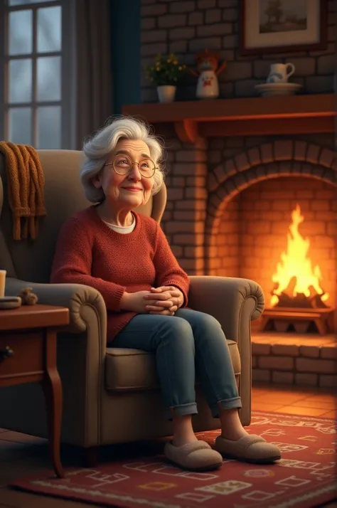 A grandmother sitting outside the fireplace 